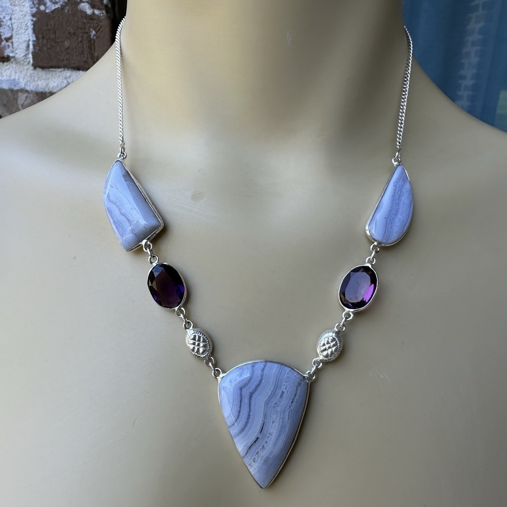 VTG Pendant Necklace 17 Inch Blue Lace Agate Purple‎ Amethyst 925 Sterling 24.6g
